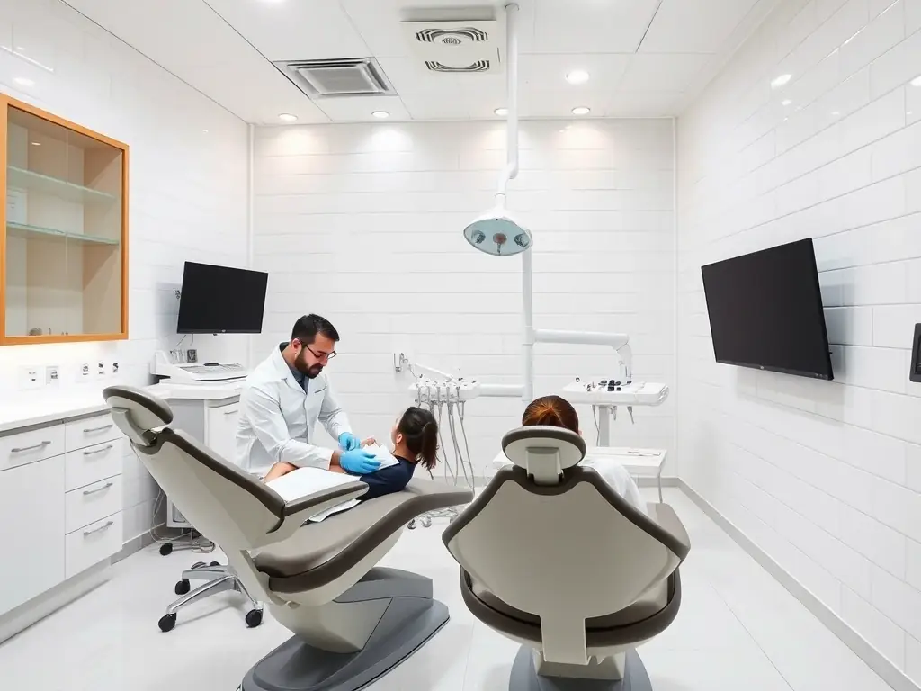 A modern, sterile dental clinic interior in Albania, showcasing advanced dental equipment and a clean, professional environment. The image should convey a sense of trust and high medical standards.