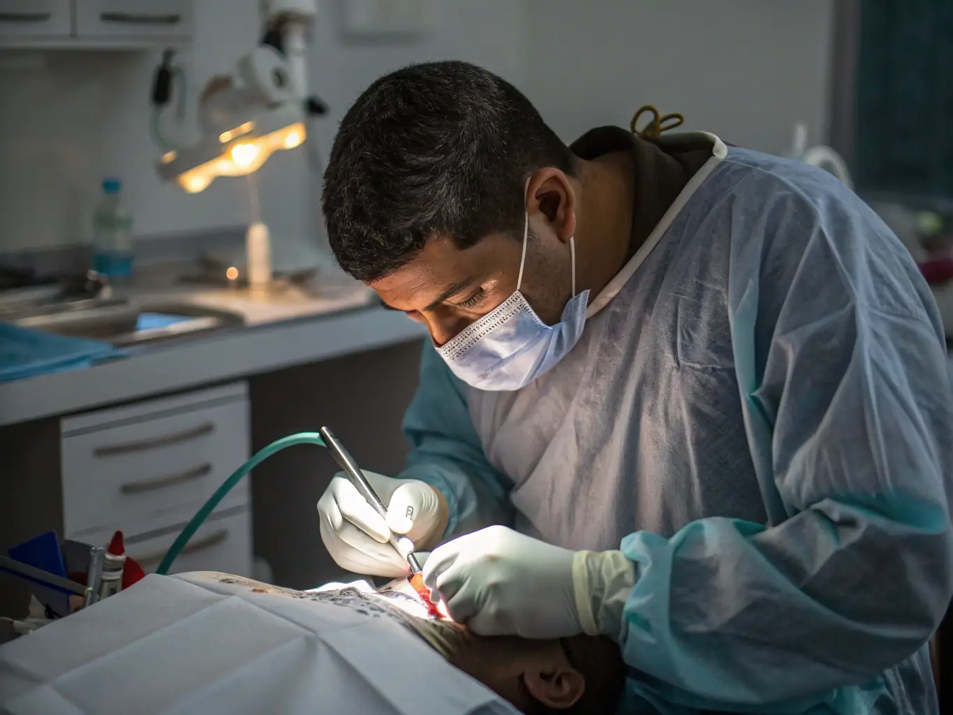 A close-up shot of a patient's mouth receiving a dental implant, showcasing the precision and care involved in the procedure. The image should convey a sense of advanced technology and expertise.