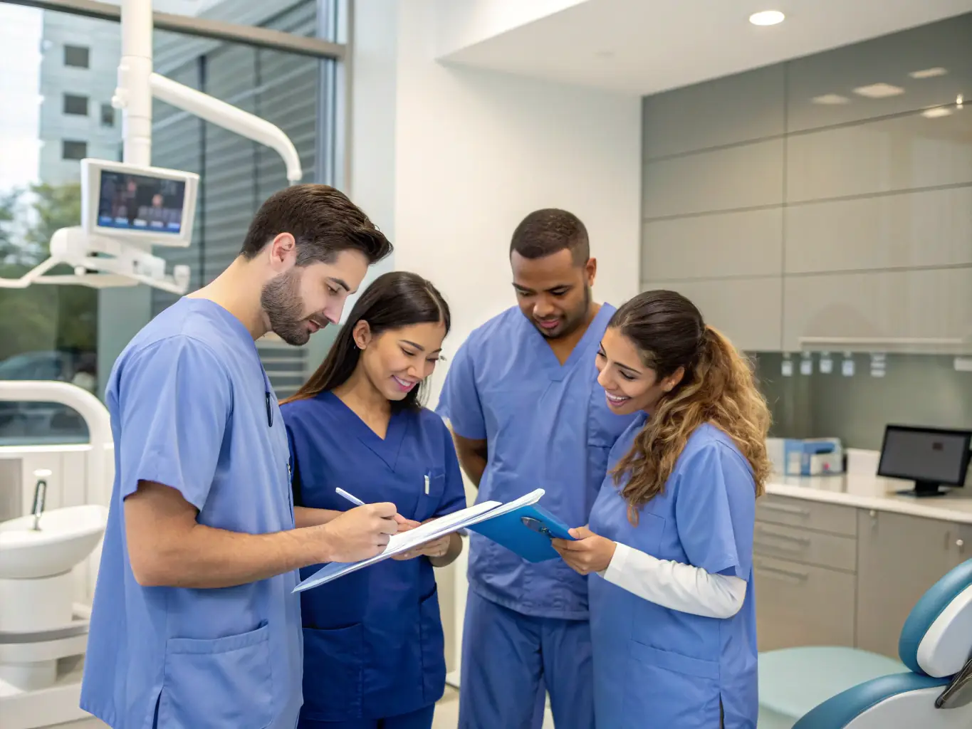 A group of experienced dentists and dental assistants in a modern Albanian clinic, smiling and looking professional. The image should convey expertise, teamwork, and a patient-centered approach.