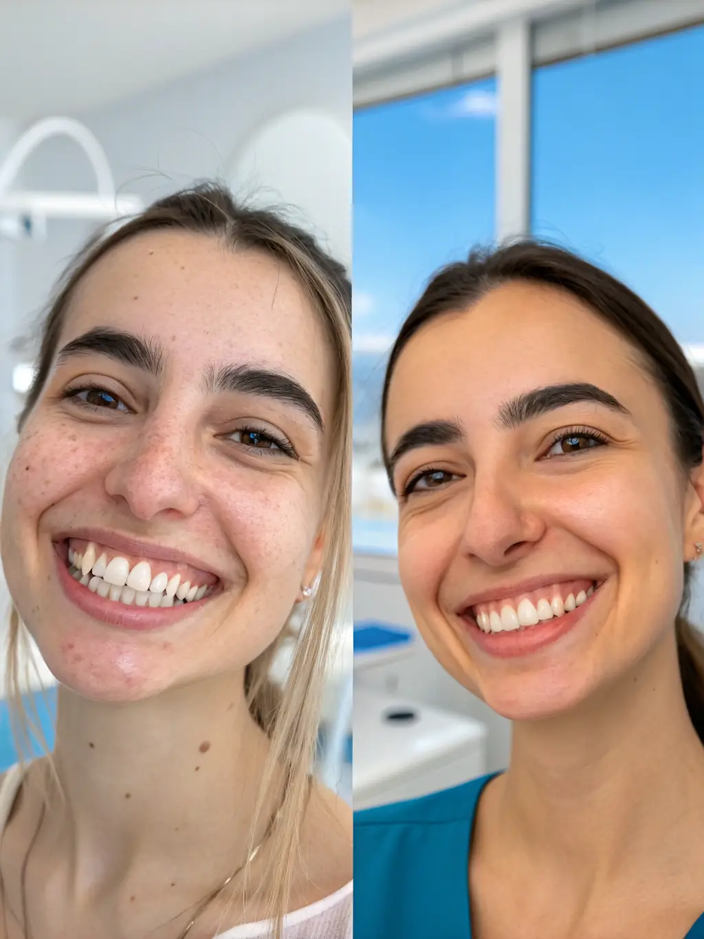 A before-and-after shot of a patient's teeth, highlighting the transformative effect of porcelain veneers in correcting discoloration and imperfections.