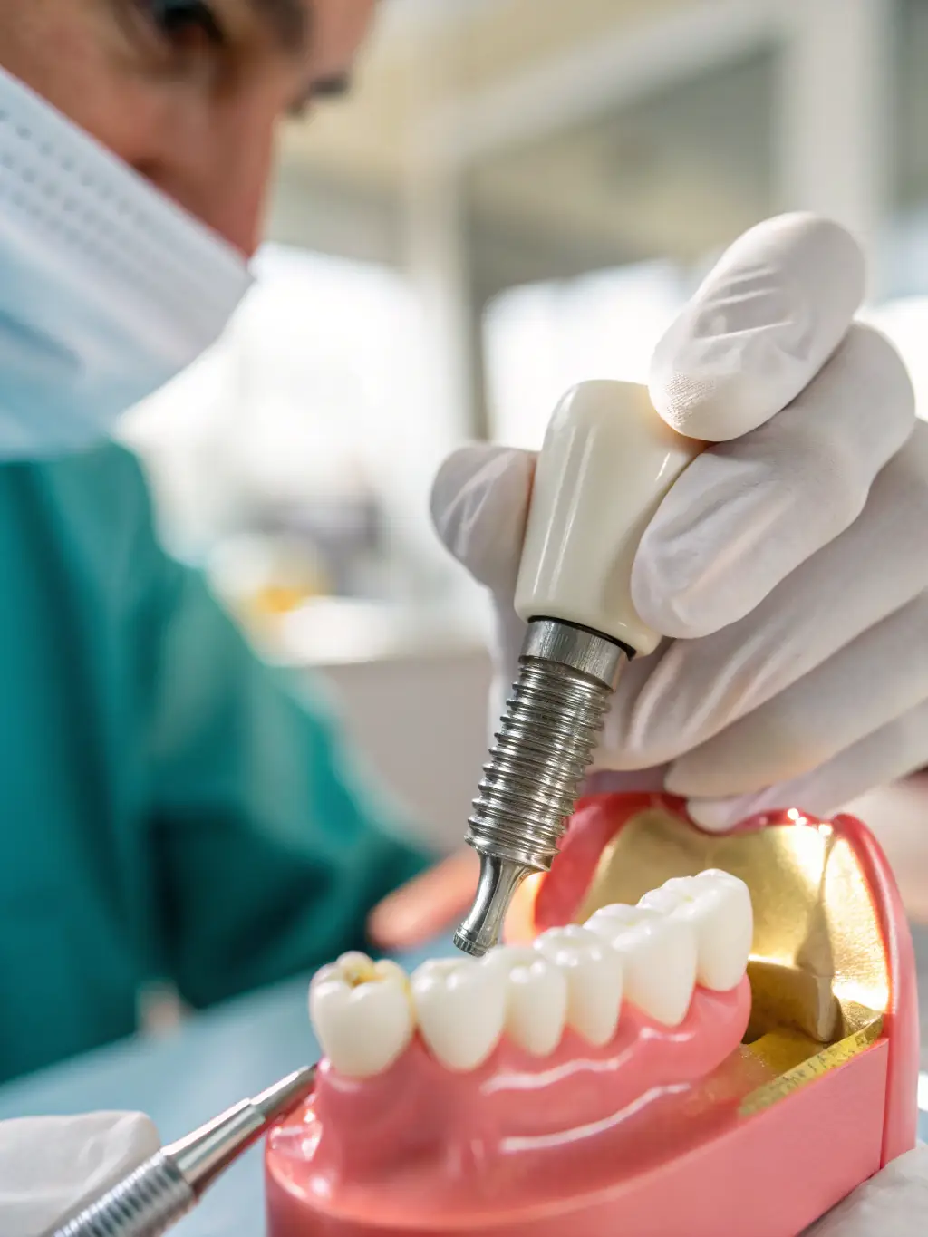 A close-up image of a dental implant being placed in a patient's jaw, showcasing the precision and care involved in the procedure. The background includes modern dental equipment and a sterile environment.
