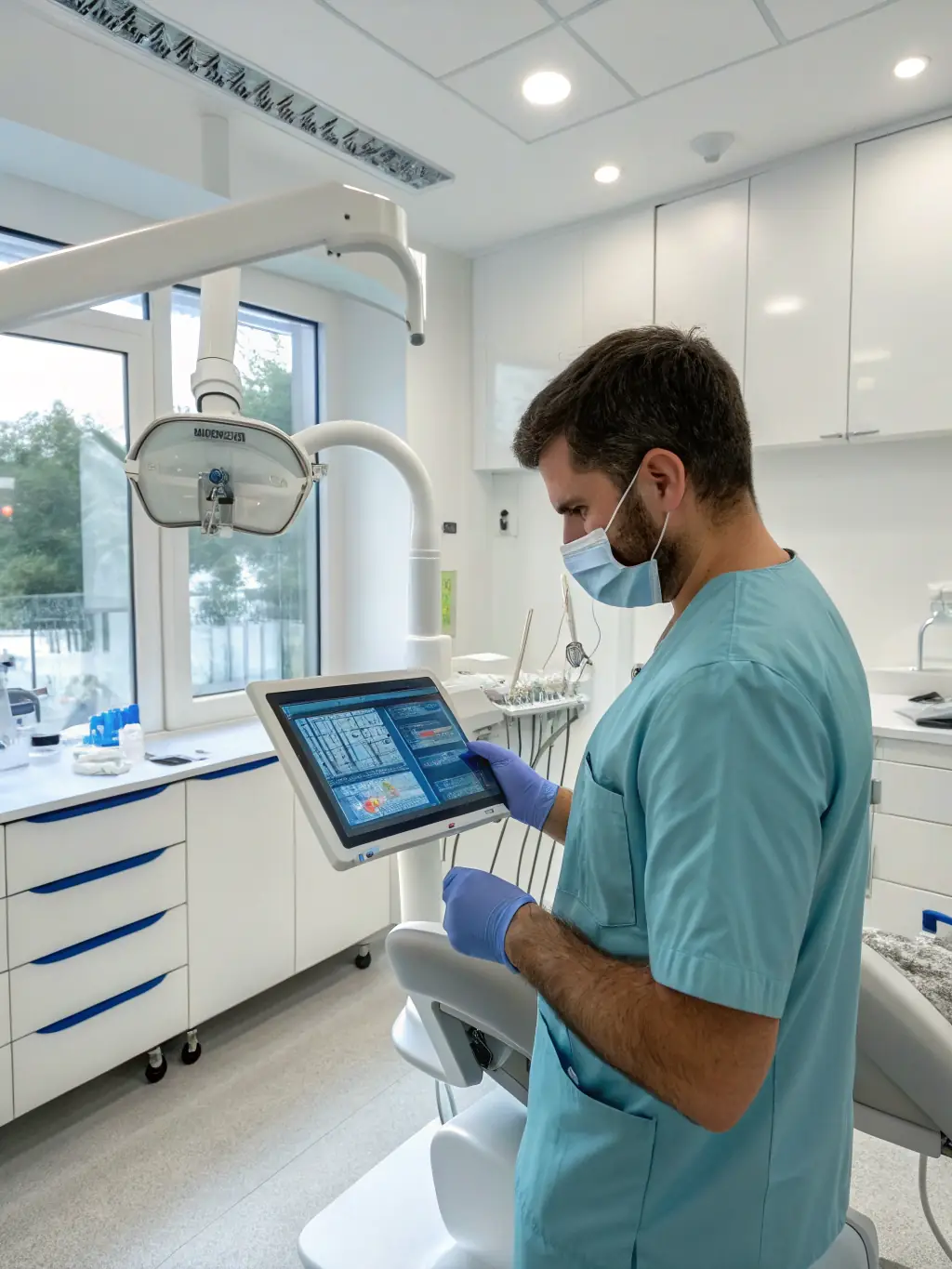 A modern dental clinic in Tirana, Albania, showcasing advanced equipment and a clean, sterile environment, emphasizing the high medical standards available to Italian patients.