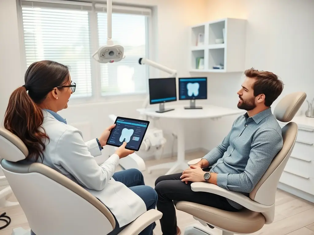 A detailed and easy-to-understand treatment plan is presented to a patient in a modern dental clinic, outlining the procedures, costs, and timeline.