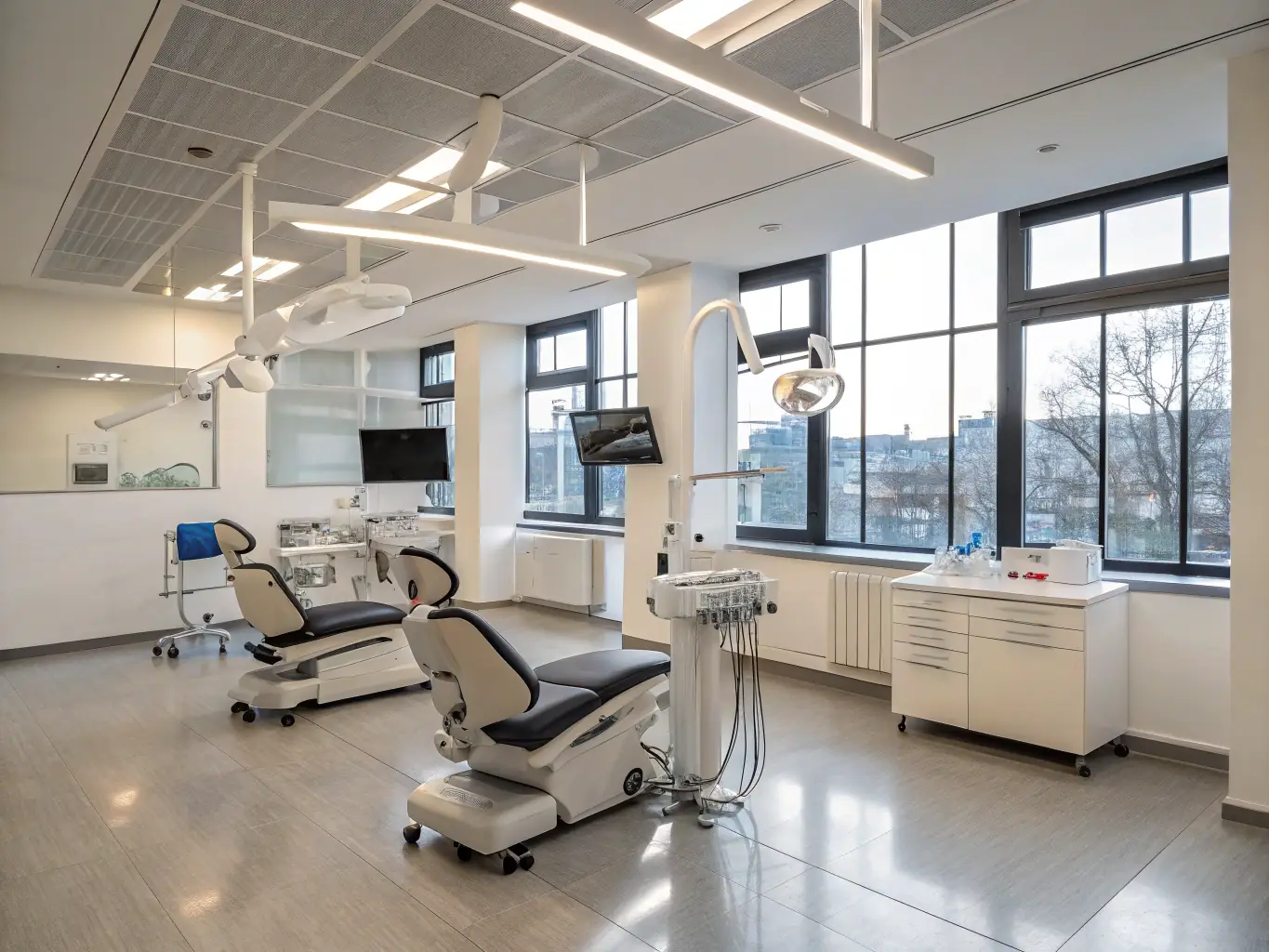 A modern, state-of-the-art dental clinic in Tirana, Albania, with advanced equipment and a welcoming atmosphere, emphasizing the high medical standards available.