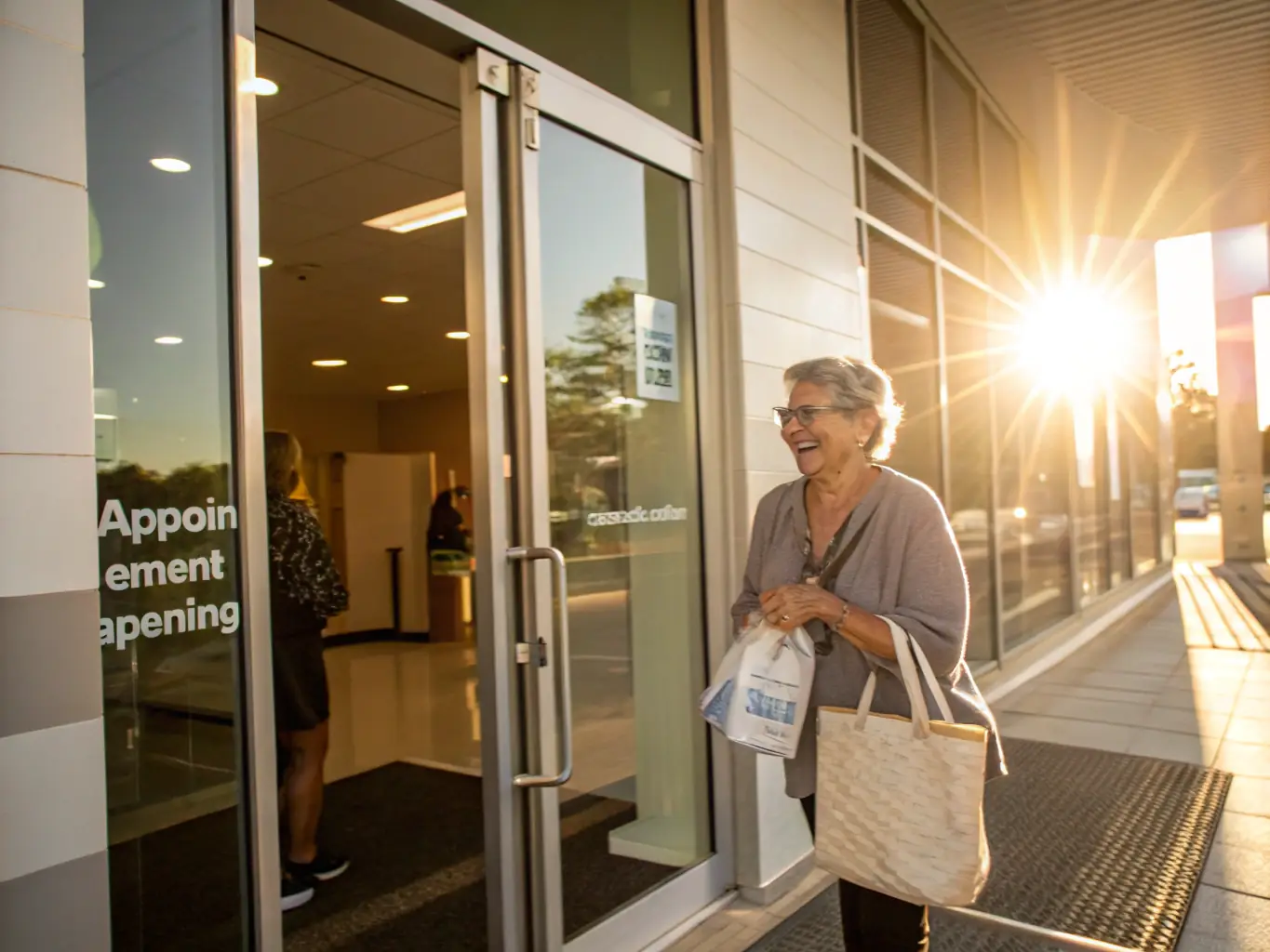 A smiling patient is seen leaving a BlueSmile Albania partner clinic, showcasing the modern facilities and the positive experience.